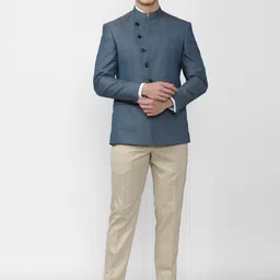 Peter England Elite Men Blue Self-Design Bandhgala Slim-Fit Two-Piece Suit-50