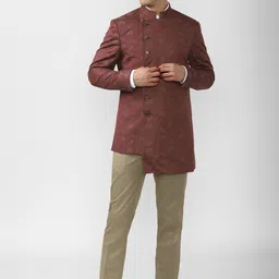 Peter England Elite Men Maroon Slim-fit Bandhgala 2-piece Party Suit-image-81