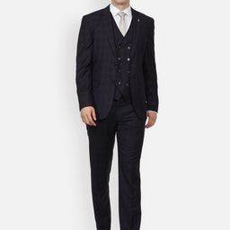 Van Heusen Men Navy Blue Checked Slim-Fit Single-Breasted 3-Piece Formal Suit-image-50