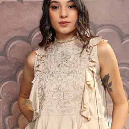 Vishudh Beige Floral Embroidered High Neck Ruffled Tiered Top-image-88