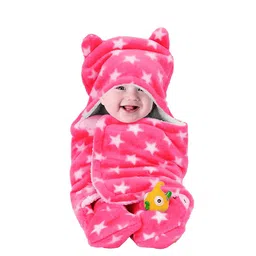BeyBee Infants Kids Pink & White Printed 3 In 1 Hooded Baby Blanket Cum Wrapper-0