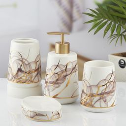 Kookee White & Gold-Toned 4Pcs Abstract Ceramic Bath Accessories Set 400ml-28