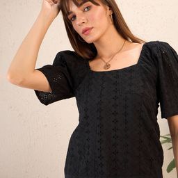 SASSAFRAS Black Self Design Schiffli Smocked Puff Sleeve Cotton Top-image-92