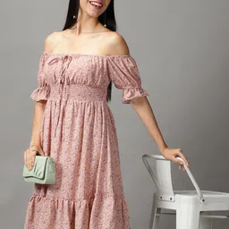 SHOWOFF Women Peach-Coloured & Purple Floral Off-Shoulder Chiffon Dress-image-24