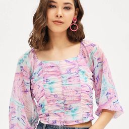 Harpa Abstract Printed Square Neck Smocking Chiffon Fitted Crop Top-5