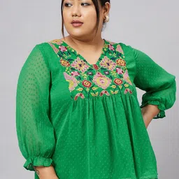 Antheaa Curve Plus Size Self Design Puff Sleeves A-Line Top-image-3