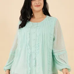 Antheaa Curve Round Neck Puff Sleeve Opaque Pintucked Top-image-48