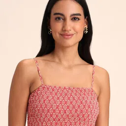 20Dresses Red Ethnic Motifs Printed Smocked Fitted Crop Chiffon Top-picture-13