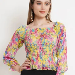 Popwings Floral Printed Square Neck Puff Sleeve Smocked Regular Top-image-9