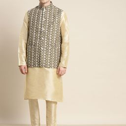 SOJANYA Men Solid Kurta with Churidar & Embroidered Ethnic Motifs Nehru Jacket-picture-44
