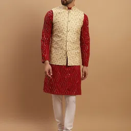 SOJANYA Embroidered Sequinned Pure Cotton Kurta with Churidar & Embroidered Nehru Jacket-picture-40