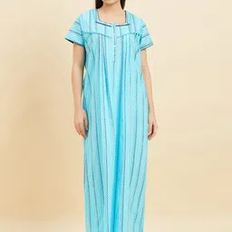 Sweet Dreams Blue Printed Pure Cotton Maxi Nightdress-image-100