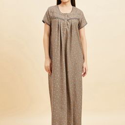 Sweet Dreams Khaki Floral Printed Pure Cotton Maxi Nightdress-image-42