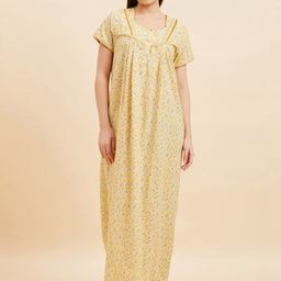 Sweet Dreams Floral Printed Square Neck Pure Cotton Maxi Nightdress-image-100