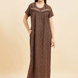 Sweet Dreams Brown Geometric Printed Maxi Nightdress-image-70