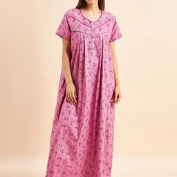 Sweet Dreams Pink Floral Printed Pure Cotton Maxi Nightdress-image-49
