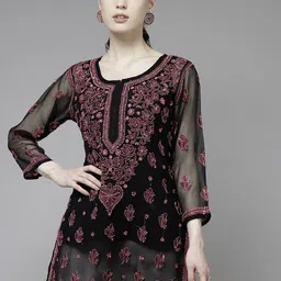 ADA Black & Red Ethnic Motifs Embroidered Chikankari Kurti With Inner-image-56