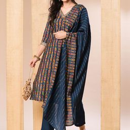Globus Blue & Red Geometric Printed Regular Thread Work Kurta with Trousers & With Dupatta-image-25