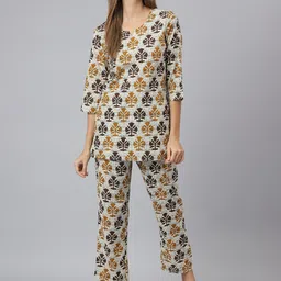JAIPUR ATTIRE Women White & Mustard Printed Night Suit-image-0
