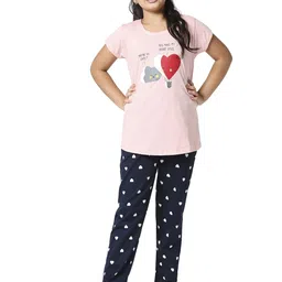 Zeyo Girls Peach & Navy Blue Printed Cotton Night Suit-image-1