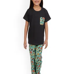 frangipani Kids Charcoal Grey & Sea Green Pure Cotton Night Suit-picture-31
