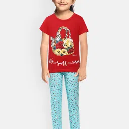 Eimoie Girls Red & Blue Printed Pure Cotton Night Suit-picture-17
