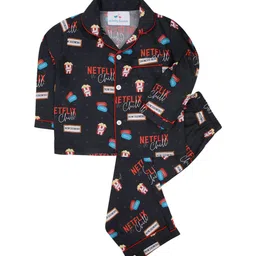 Knitting Doodles Unisex Kids Black & Red Printed Night Suit-24