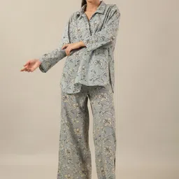 SANSKRUTIHOMES Sea Green Shirt Collar Printed Pure Cotton Top With Trousers-image-27