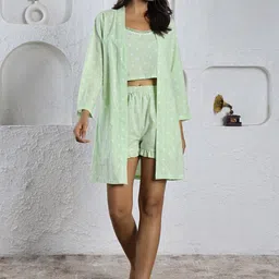 SANSKRUTIHOMES Green Conversational Printed Pure Cotton Top With Shorts & Shrug Night Suit-picture-5