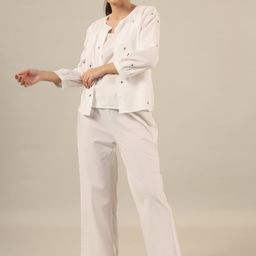 SANSKRUTIHOMES White Floral Embroidered 3-Piece Pure Cotton Nightsuit-image-26