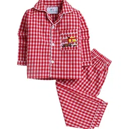Knitting Doodles Unisex Kids Red & Off White Checked Night suit-15