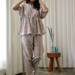 SANSKRUTIHOMES Women Blue & Pink Printed Pure Cotton Night suit-picture-14