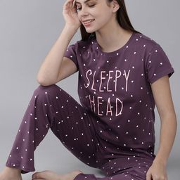 Zeyo Women Purple & Peach-Coloured Printed Night suit-image-3