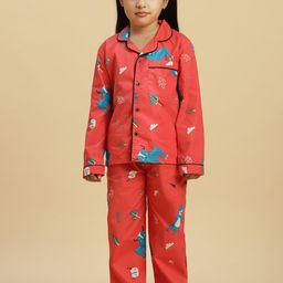 Stuffie Land Girls Conversational Printed Lapel Collar Long Sleeve Night suit-image-97