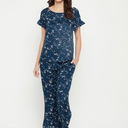 Clovia Women Teal & White Printed Night suit-12