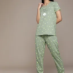 beebelle Women Olive Green & Green Printed Pure Cotton Nightsuit-image-94