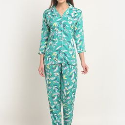 Claura Women Green & White Printed Night suit-image-36