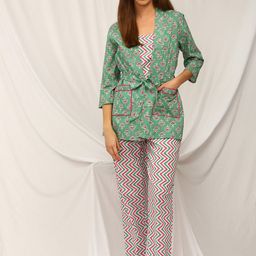 Bannos Swagger 3 Pieces Ethnic Motifs Printed Pure Cotton Night Suit-image-34