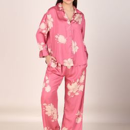Masha Pink Floral Printed Satin Night suit-image-70