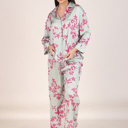 Masha Pink & Green Floral Printed Satin Night suit-image-14