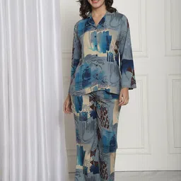 Claura Blue & Beige Abstract Printed Night Suit-image-45