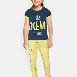 Sweet Dreams Girls Teal Green & Yellow Typography Print Night Suit-picture-5