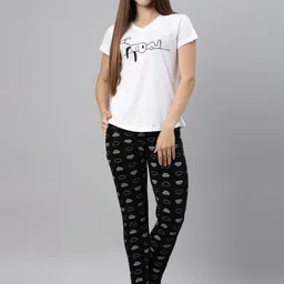 Curare Women White & Black Printed Night Suit-picture-34