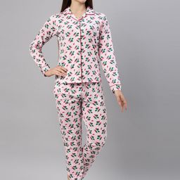 Curare Women Pink & Green Floral Printed Pure Cotton Night Suit-image-100
