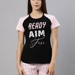 Curare Women Black & Pink Graphic Print Night Suit-image-37