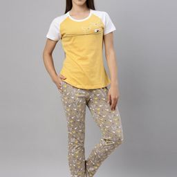 Curare Women Yellow & Grey Graphic Printed Pure Cotton Night Suit-image-38