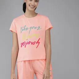 Zeyo Women Peach-Coloured Printed Cotton Night suit-image-98