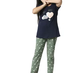 Zeyo Girls Navy Blue & Green Printed Cotton Night suit-picture-21