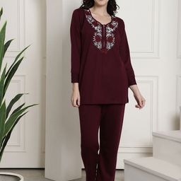 Secret Wish Floral Embroidered Kurti & Lounge Pants-image-44