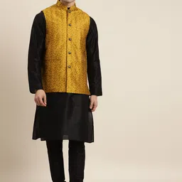 SOJANYA Men Black & Mustard Yellow Kurta with Churidar & Woven Design Nehru Jacket-14